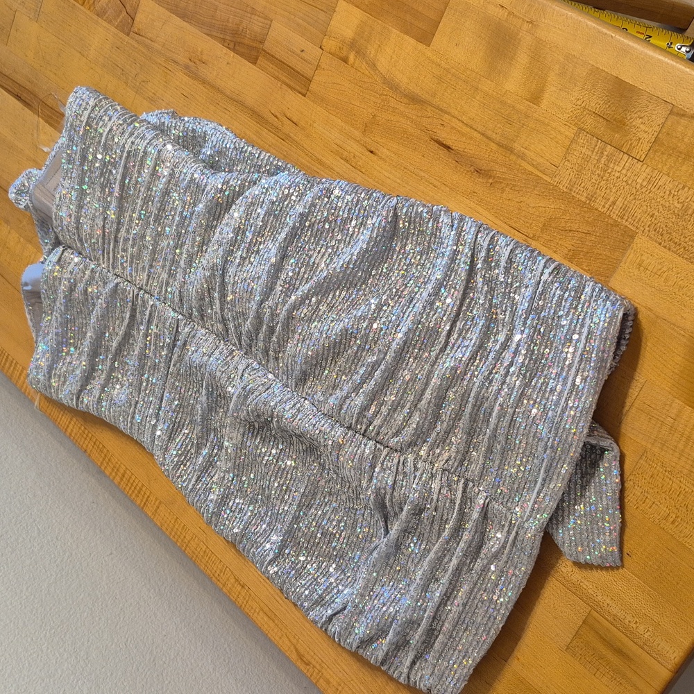 House Of CB London Sparkly Sequined Mini Dress Large Front Vertical Ruffles - Picture 6 of 12